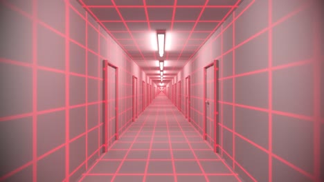 endless white corridor doors neon tron 80s arcade glow loop wireframe matrix 4k