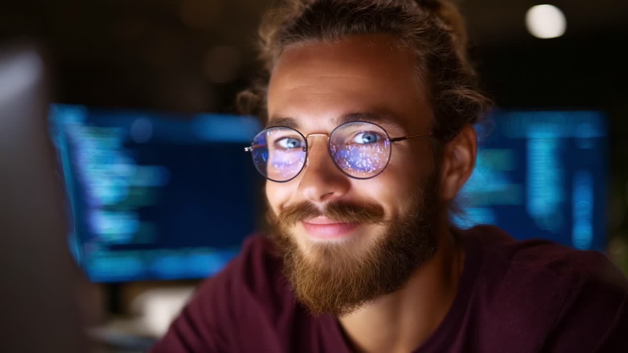 Focused Programmer Analyzing Code in a Dimly Lit Workspace with a Friendly Smile, Showcasing Passion for Technology and Creativity in Modern Computing Environments