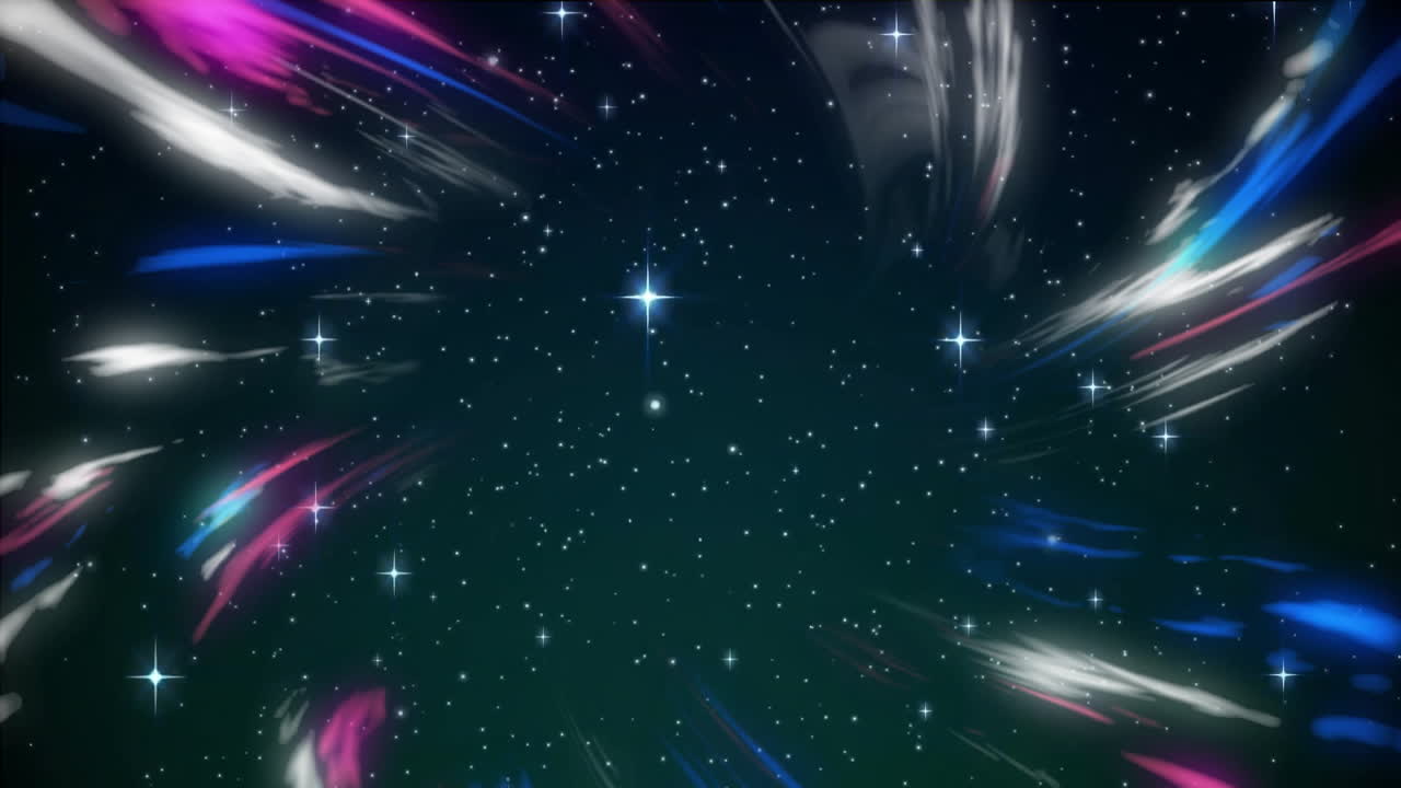 Animation of white and blue shapes over stars on black background
