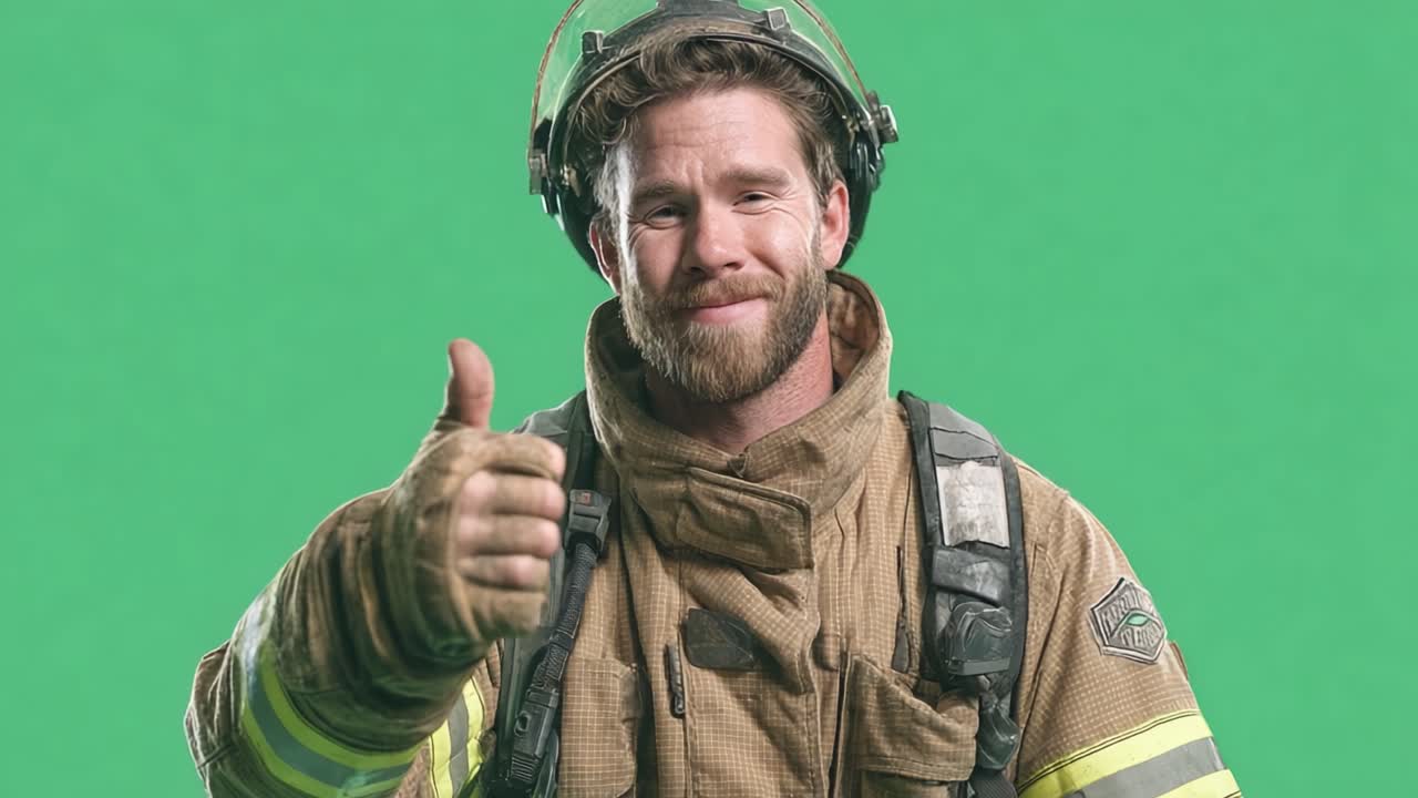A confident firefighter exuding positivity, giving a thumbs up in a vibrant green screen backdrop, showcasing the spirit of bravery and dedication in emergency services