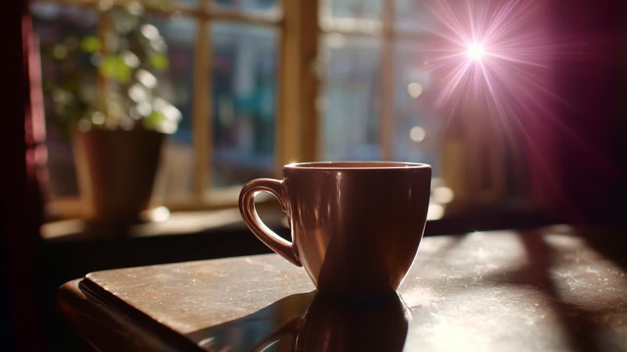 Una serena scena mattutina con una tazza di caffè fumante su un tavolo vicino a una finestra luminosa, con una splendida luce solare e un tocco di verde sullo sfondo