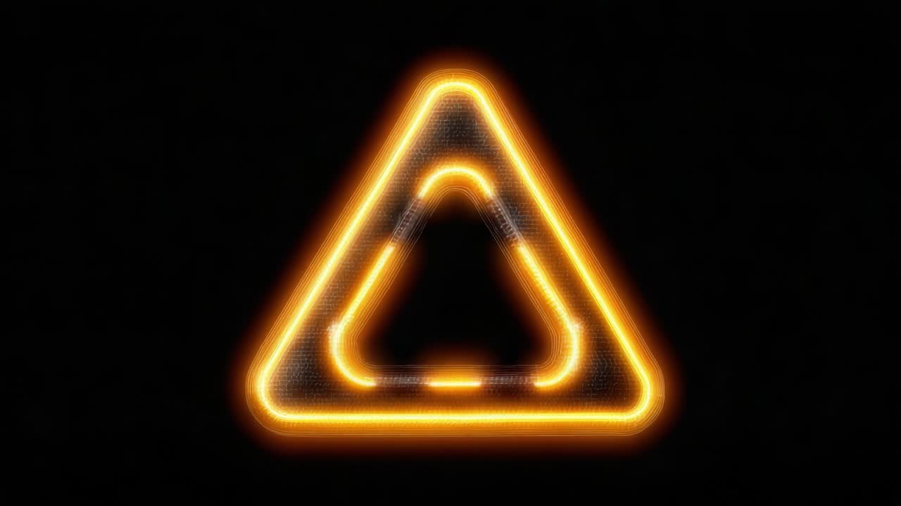Glowing Neon Triangle Sign: A Bright Symbol of Alertness and Caution Beneath a Dark Background, Radiating with Vibrant Orange Light and Geometric Precision