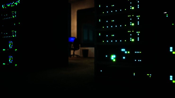 Interno industriale pulito di una sala server con i server