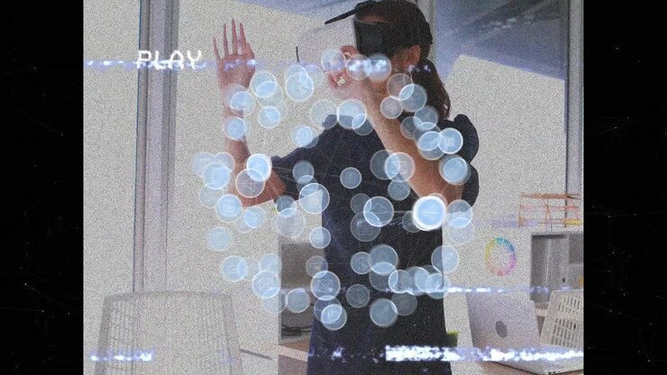 Animation of network of digital icons over businesswoman wearing vr headset