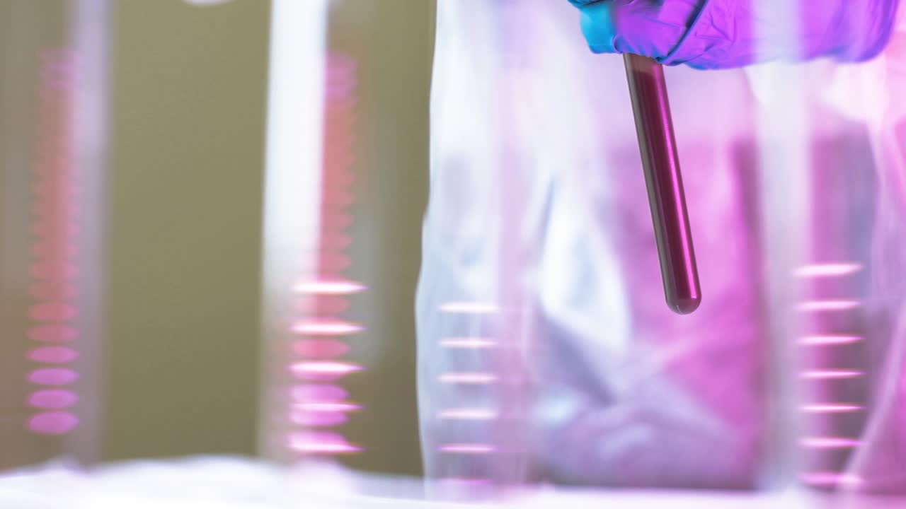 Ambiente di laboratorio con provetta di vetro riempita di sangue rosso per testare l'infezione da Coronavirus, spazio per il testo
