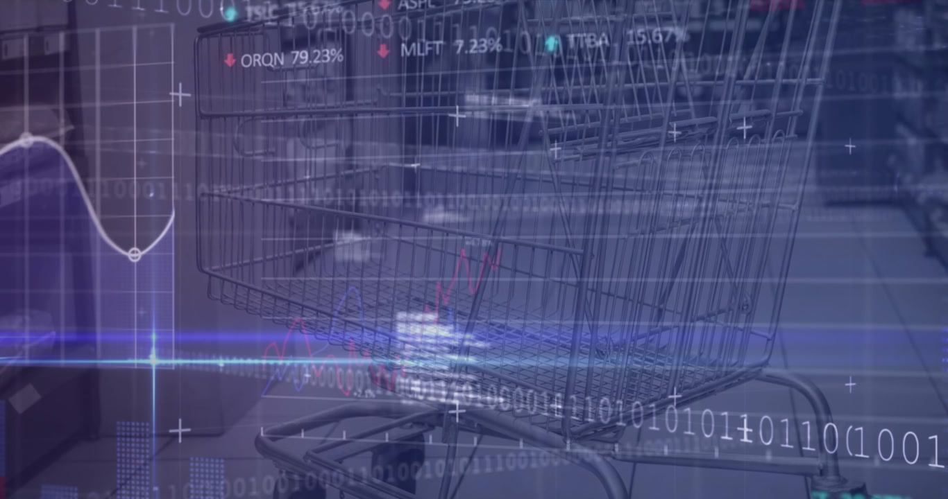 Blue light trails and data processing against close up of a shopping cart at supermarket
