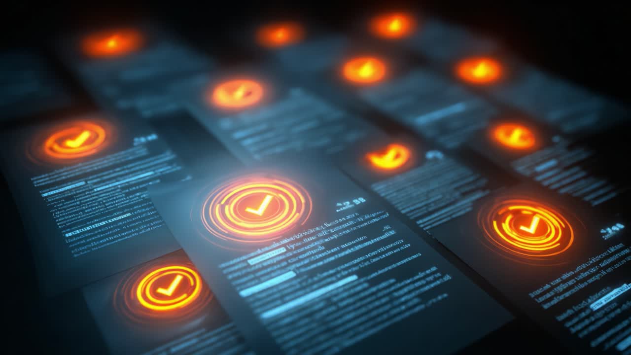 An Array of Digitized Documents Featuring Neon Checkmarks Amidst Dark Background, Highlighting Validation, Approval, and Success in Digital Communication