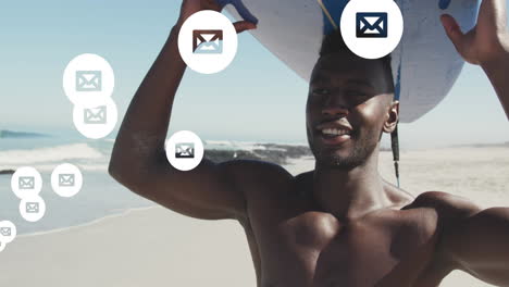multiple message icons floating against african american man carrying surfboard at the beach