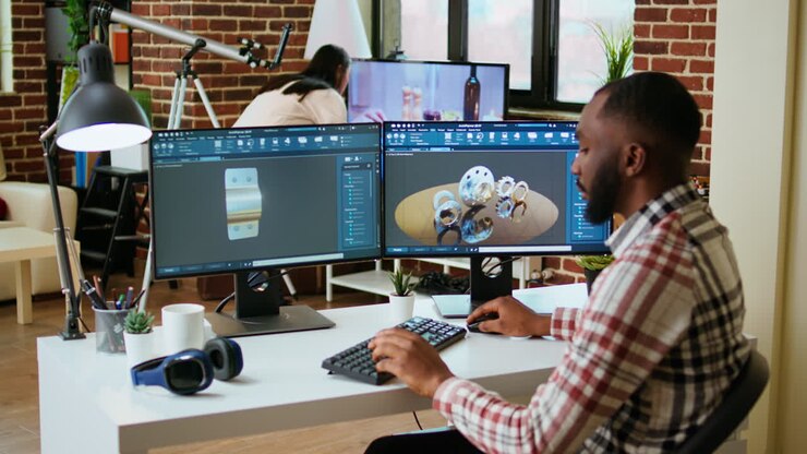 progettista afroamericano utilizza strumenti di modellazione 3D e software CAD