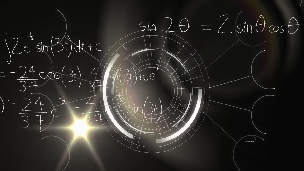 검은색 바탕에 데이터, 처리 원 및 수학 공식이있는 디지털 화면의 애니메이션