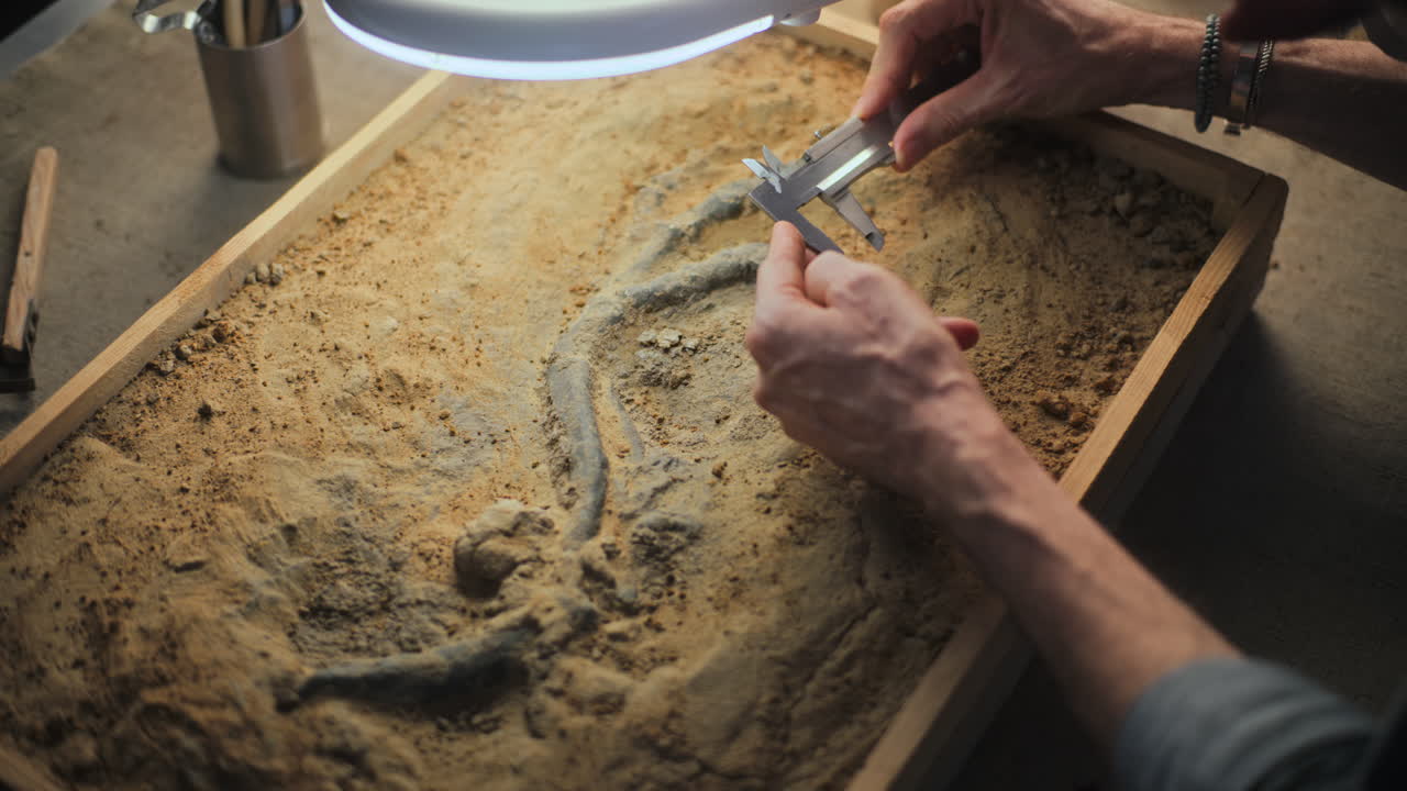 un paleontólogo examinando un fósil