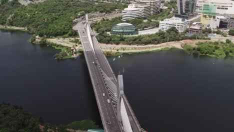 Aerial-footage-of-the-Durgam-Cheruvu-Cable-Bridge-is-an-extradosed-bridge-in-Hyderabad,-Telangana,-India