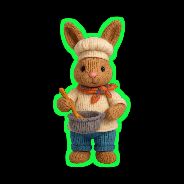 Hasenkoch im Knetanimationsstil kocht mit einem Holzlöffel