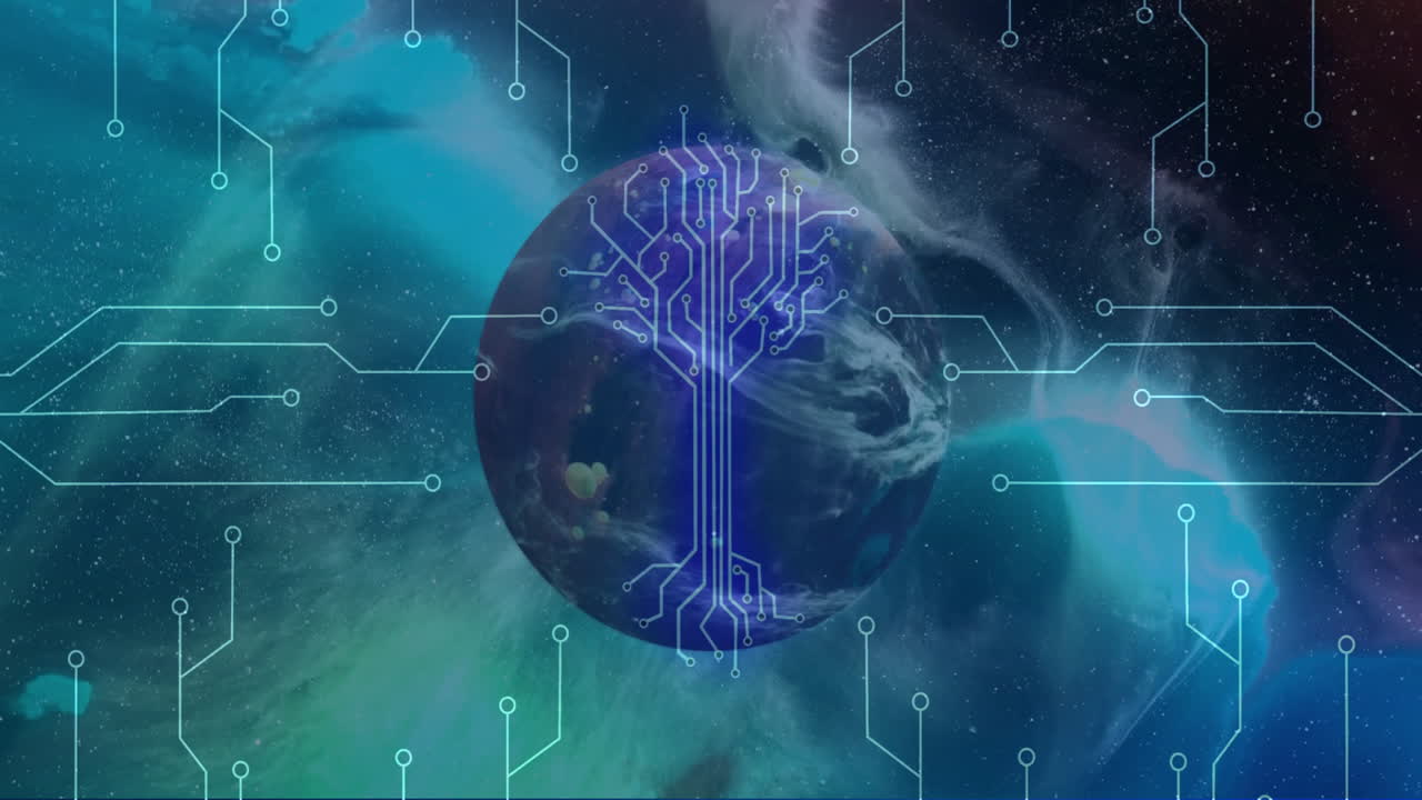 Animation showing digital tree circuitry overlay on Earth with cosmic background