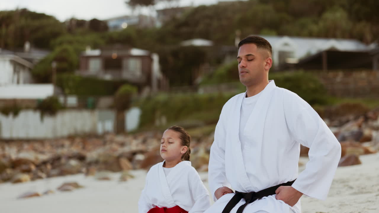 playa, enseñando karate o niños aprendiendo artes marciales