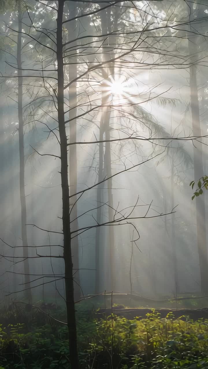 Video verticale: inquadratura del tronco di una conifera in una radura mattutina, con il sole che fa capolino e proietta raggi attraverso la nebbia