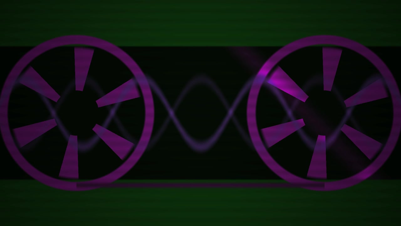 Abstrakte Animation von rotierenden violetten Spulen mit pulsierenden Schallwellen