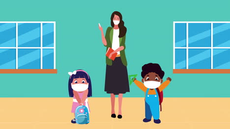 female teacher wearing medical mask for covid19 with students
