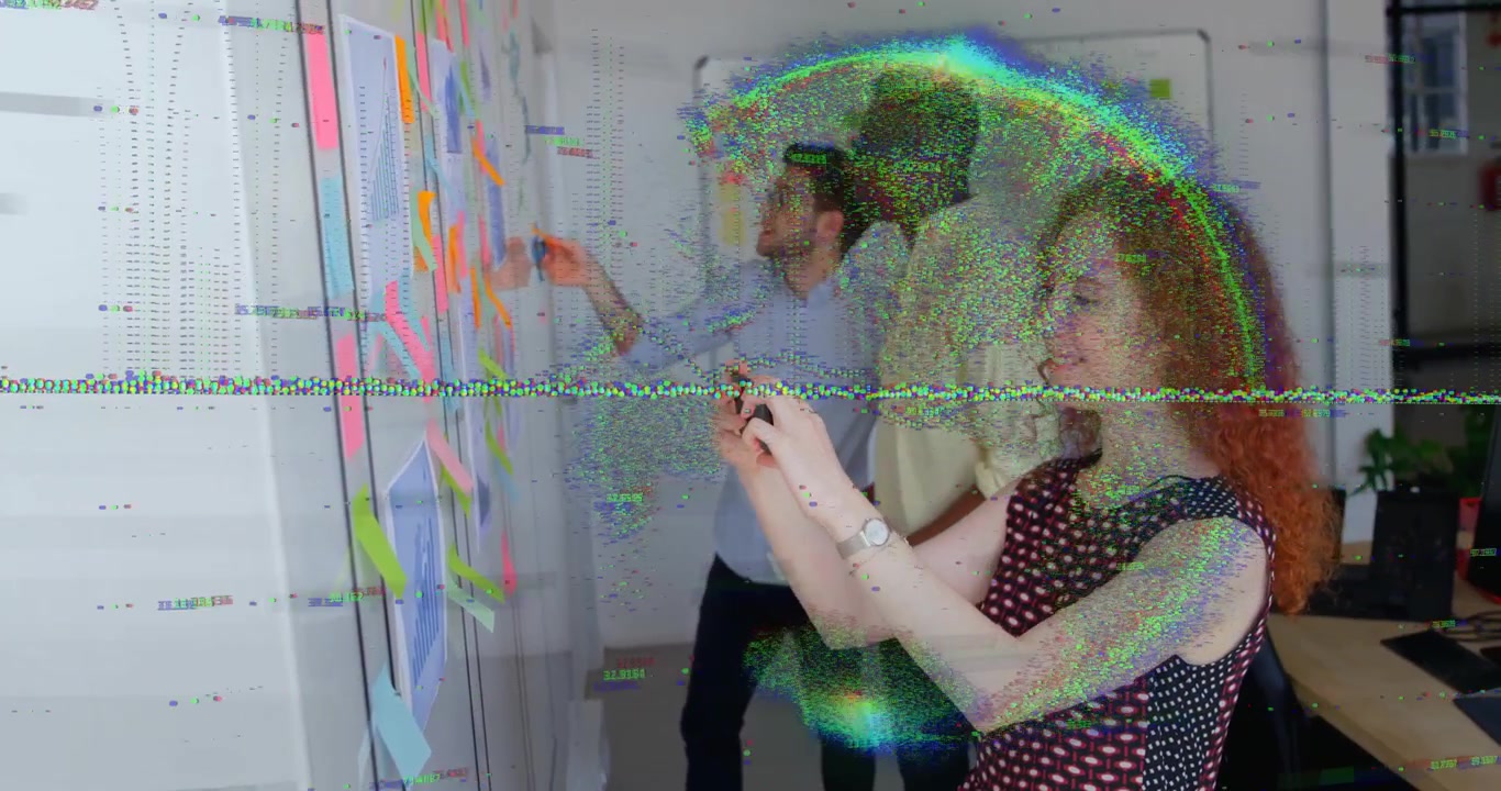 Diverse Business Team Brainstorming with Digital Data Overlay in Office