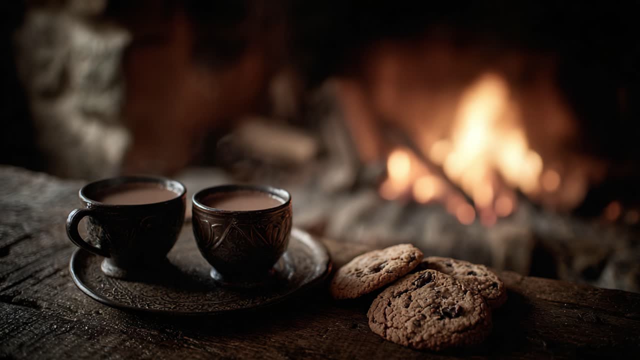 An Inviting Scene of Warmth and Comfort: Two Steaming Cups of Coffee or Tea and Freshly Baked Cookies Placed on a Rustic Wooden Table Next to a Cozy Fireplace