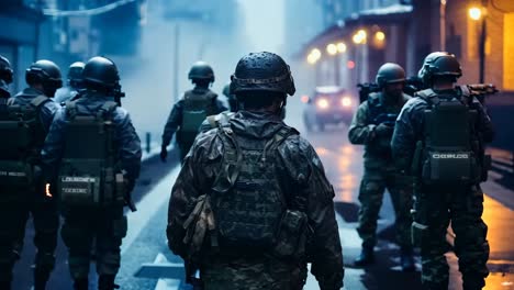 a group of soldiers walking down a city street at night