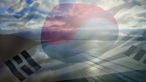 Animación-De-La-Bandera-De-Corea-Del-Sur-Ondeando-Sobre-El-Paisaje-De-La-Playa.