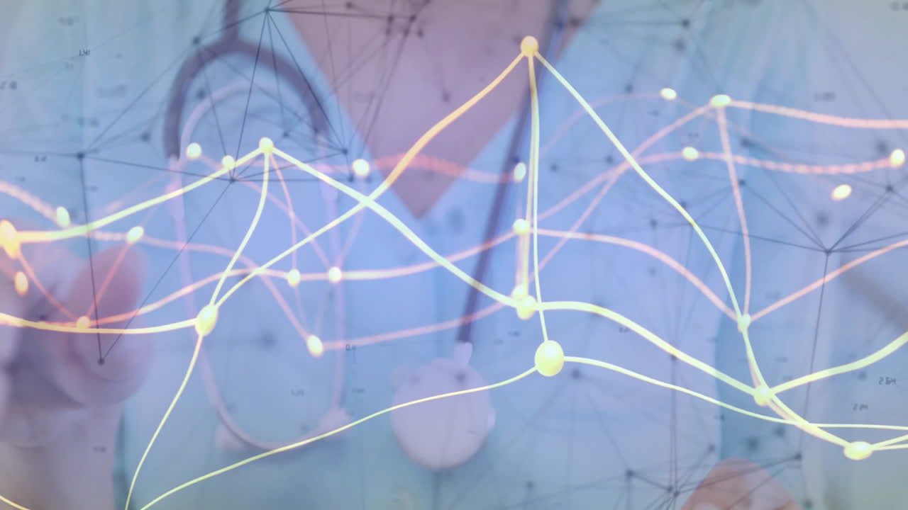 Doctor wearing stethoscope touching holographic nodes while showcasing medical data network