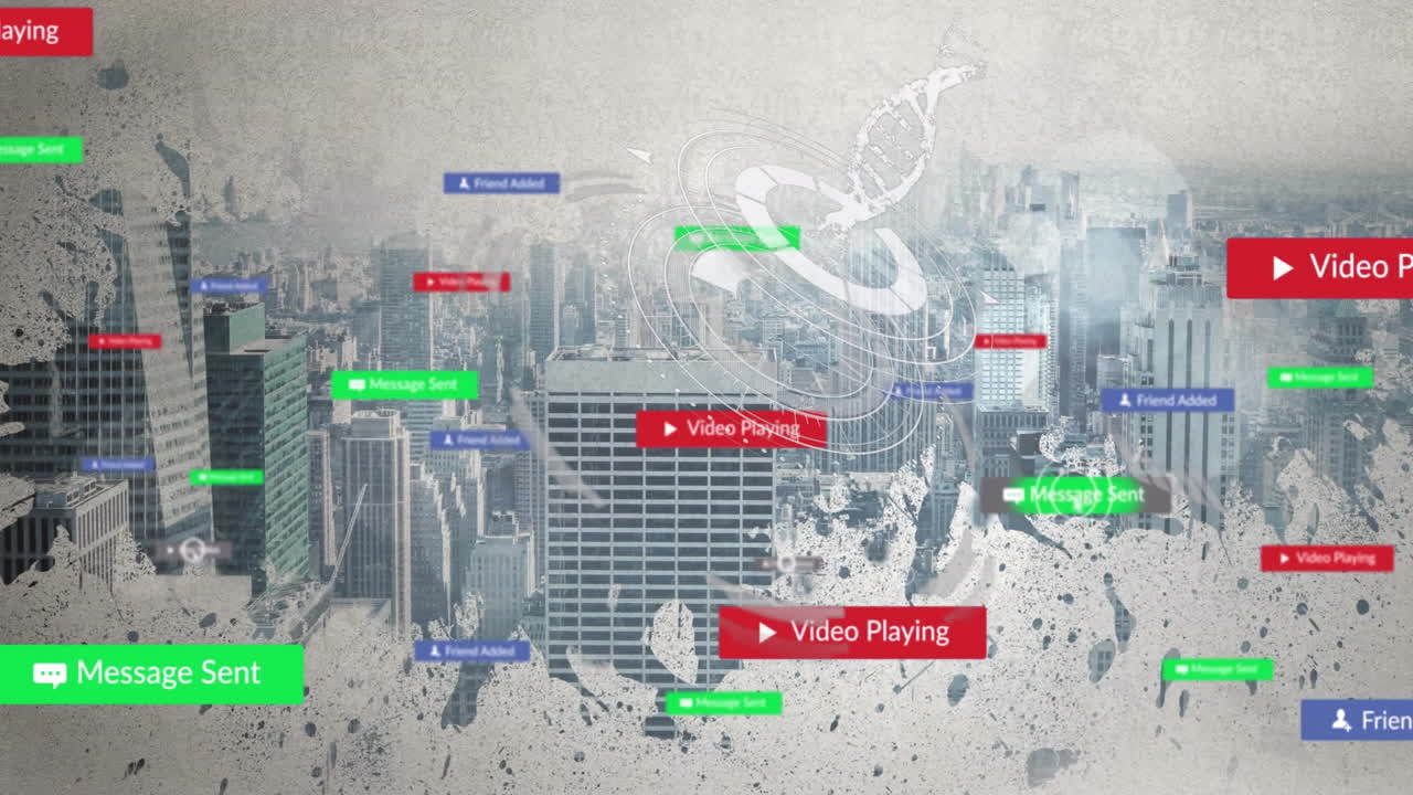 Animation of digital notifications overlaying skyscrapers in urban cityscape