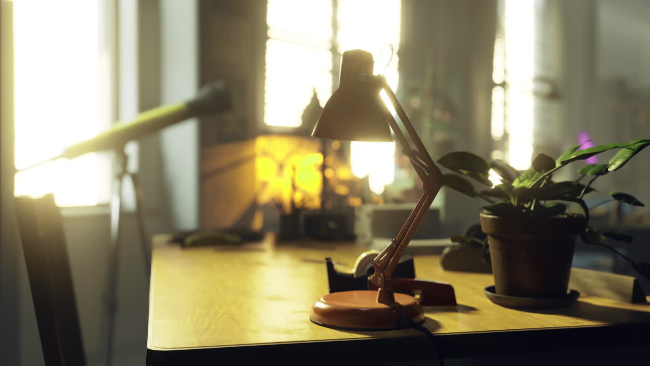 Workspace with a desk lamp and indoor plant in a sunlit room
