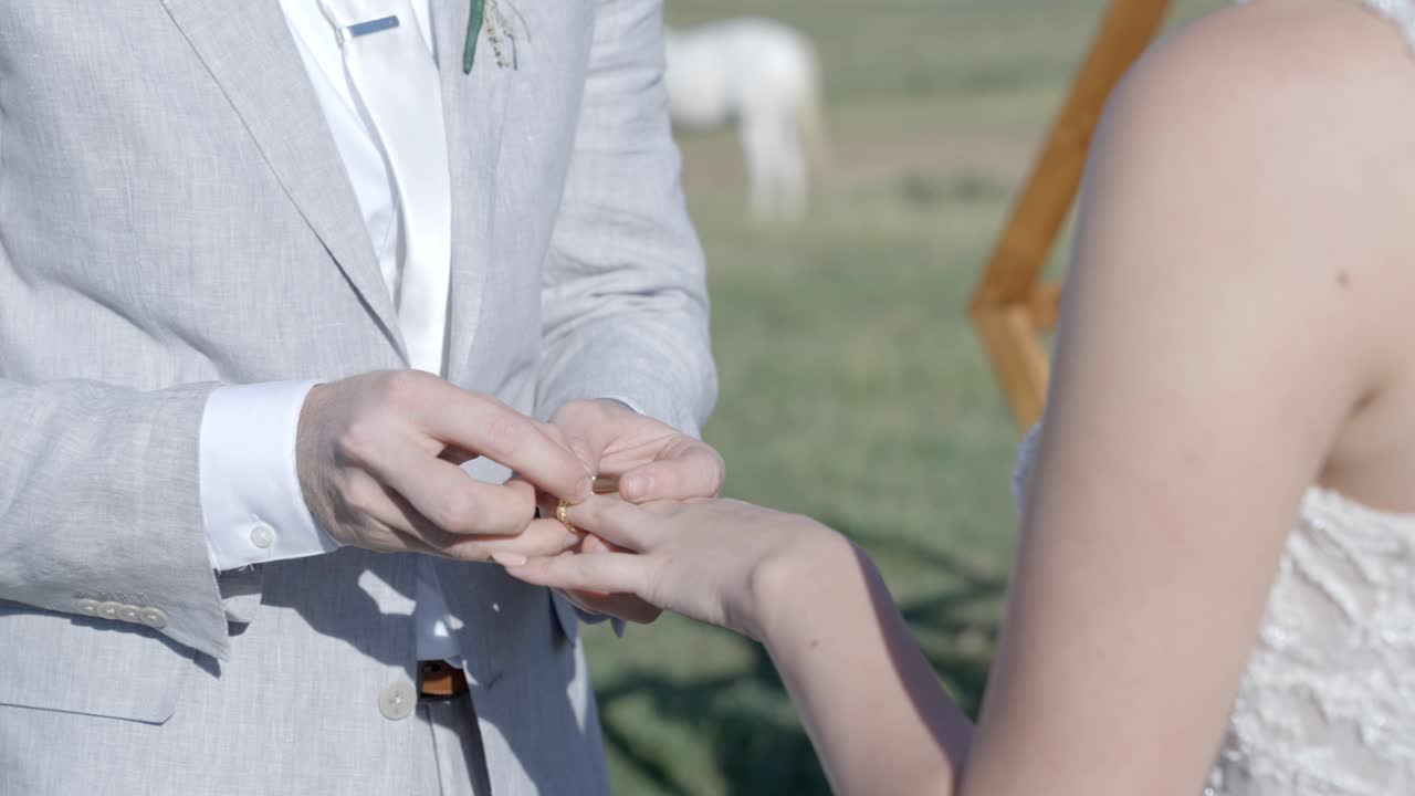 Groom putting ring on brides hand