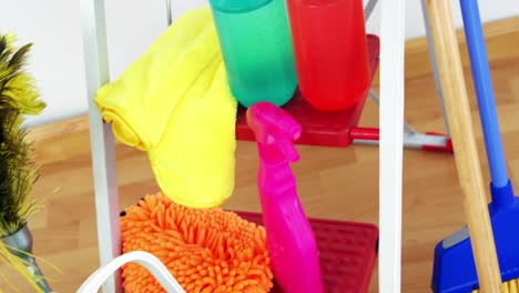 various housekeeping supplies in a bucket