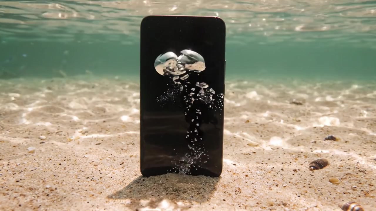 Una vista subacquea unica di uno smartphone circondato da sabbia e bolle, che cattura l'intrigante relazione tra tecnologia e natura in un ambiente non convenzionale.