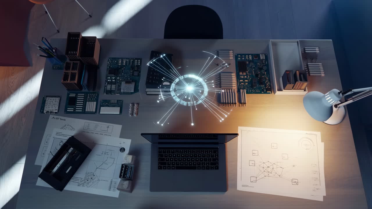 Overhead view of a tech workspace with electronic components, blueprints, a laptop, and a glowing digital network visualization