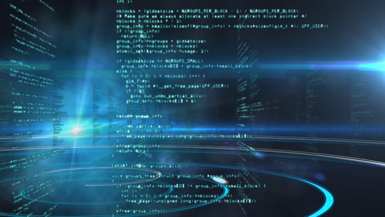 Animation of data processing over blue glowing light trails