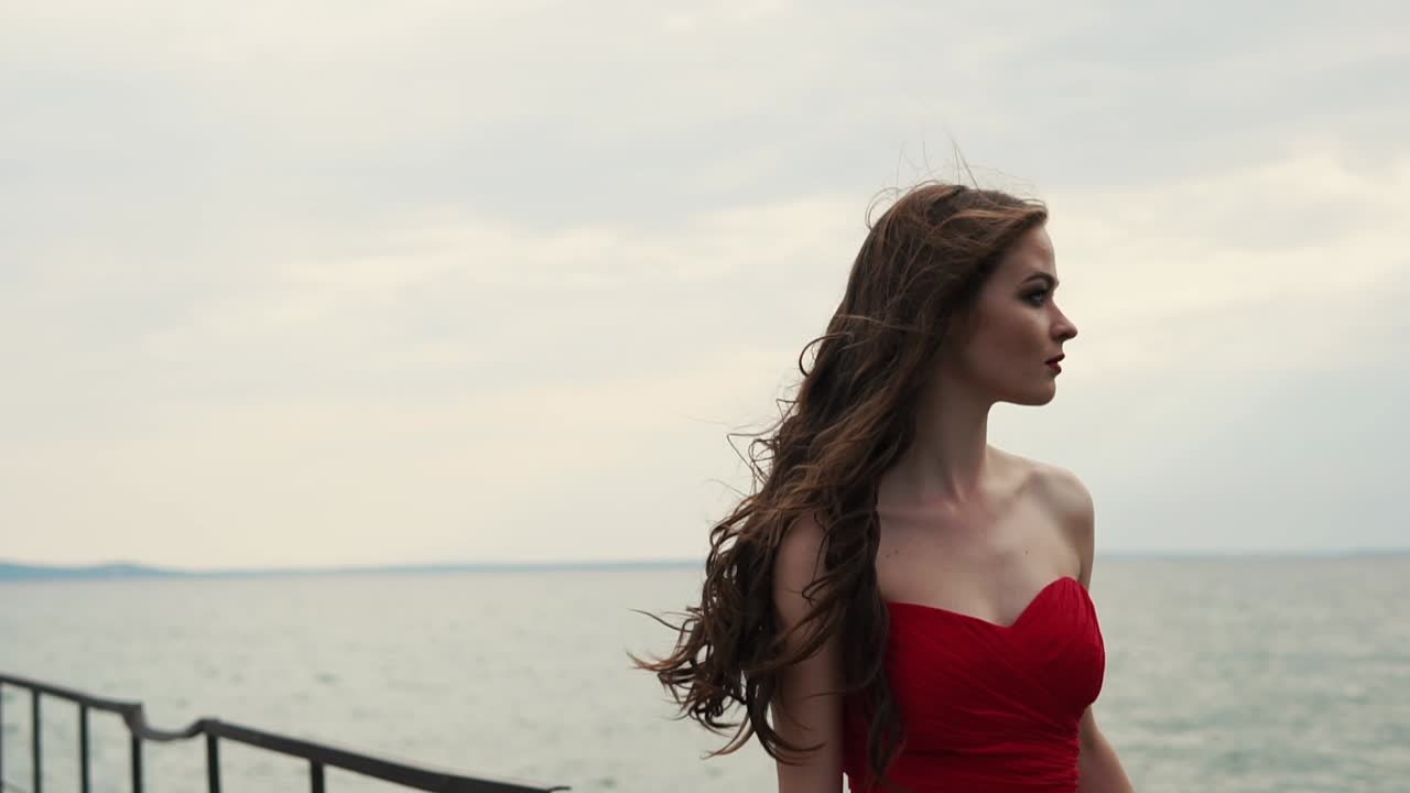 Woman in Red Dress by the Sea