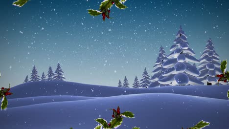 Christmas-wreath-over-snow-falling-over-multiple-trees-on-winter-landscape-against-blue-sky