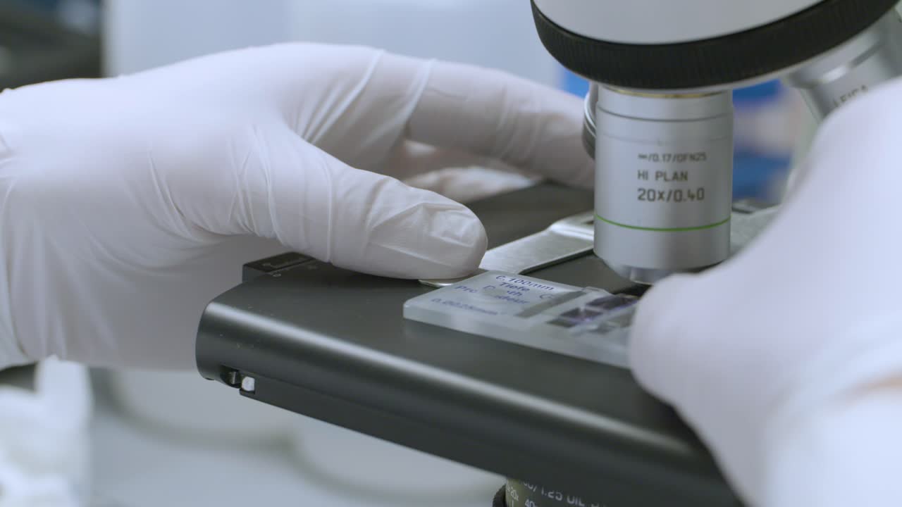 Scientific process in action as a gloved researcher places a specimen slide for microscopic analysis.