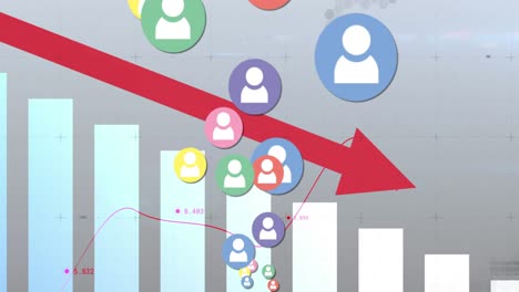 animation of social media people icons over line with financial data processing and red arrow descen