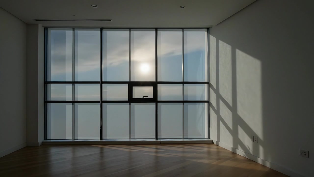 Shifting sunlight and passing clouds changing brightness in empty living room, mullioned window