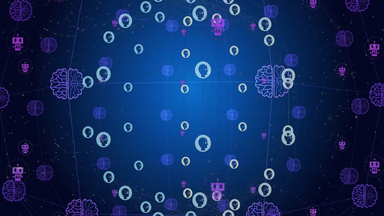 Animation of ai data processing with icons and network of connections