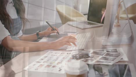 Animation of person using computer over group of business people walking