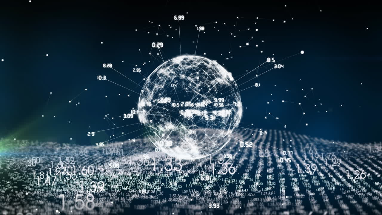 Animation of data processing and globe on black background