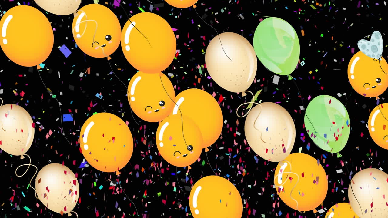 animación de globos coloridos que vuelan y caen confeti sobre un fondo negro