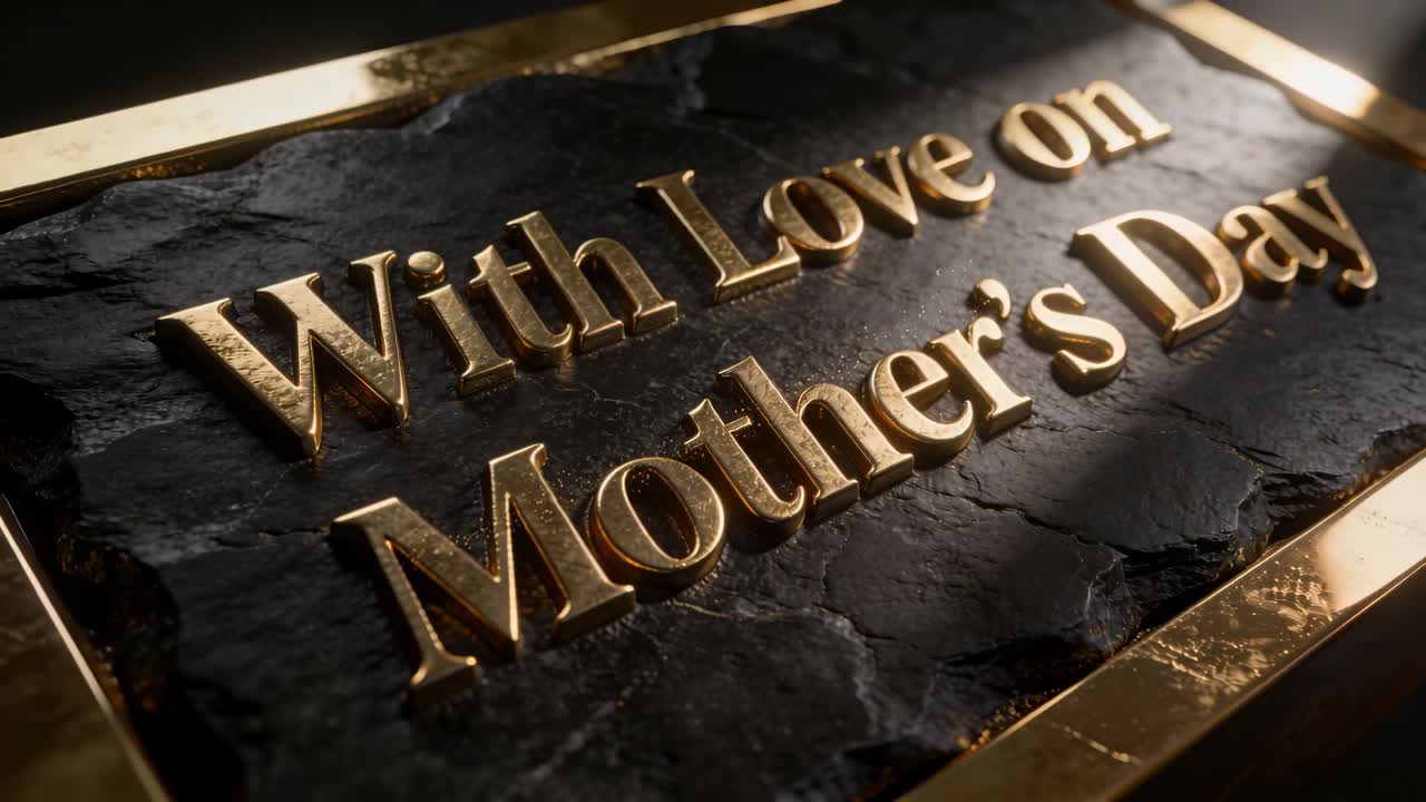 Tilting camera revealing gold-lettering plaque in studio, showing With Love on Mother's Day message