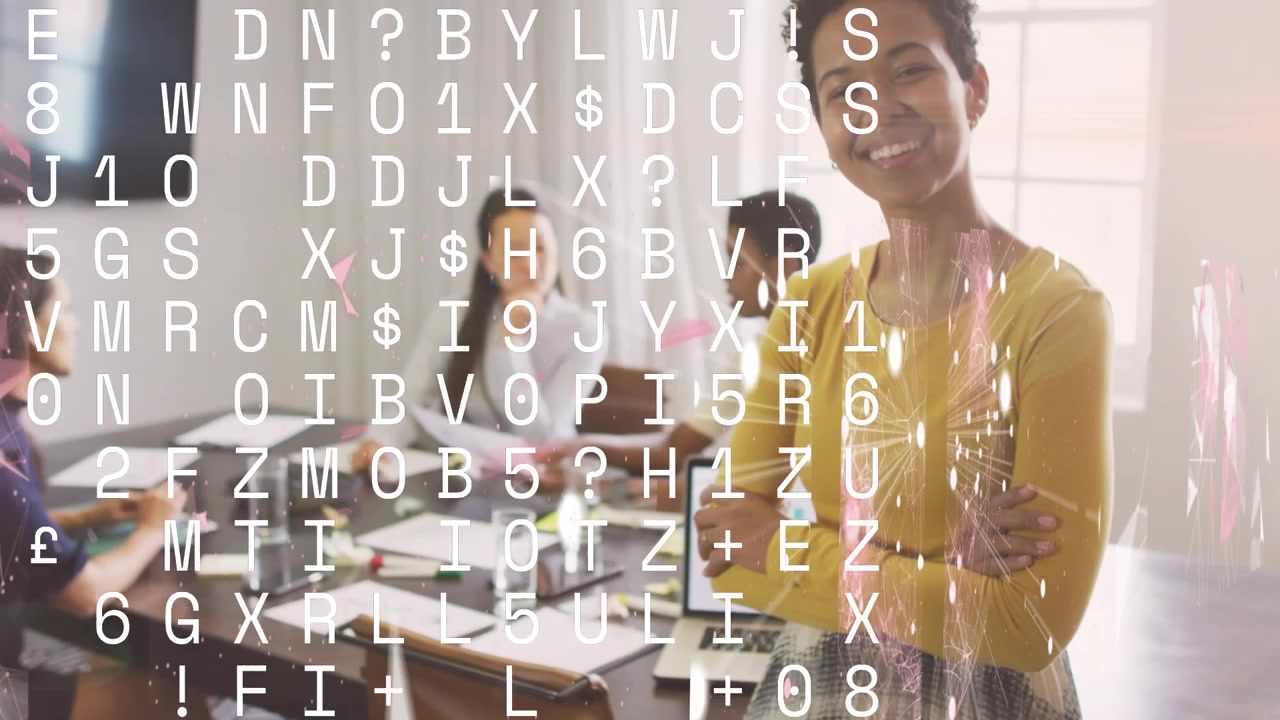 Animation of letters, numbers and data processing over diverse business people in office