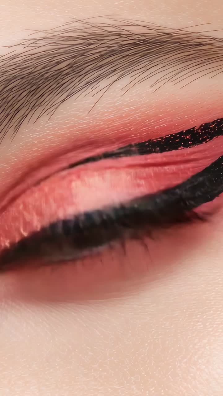 Vertical video: Blinking eye showing hazel iris in close-up, showing coral shimmer and glitter wing