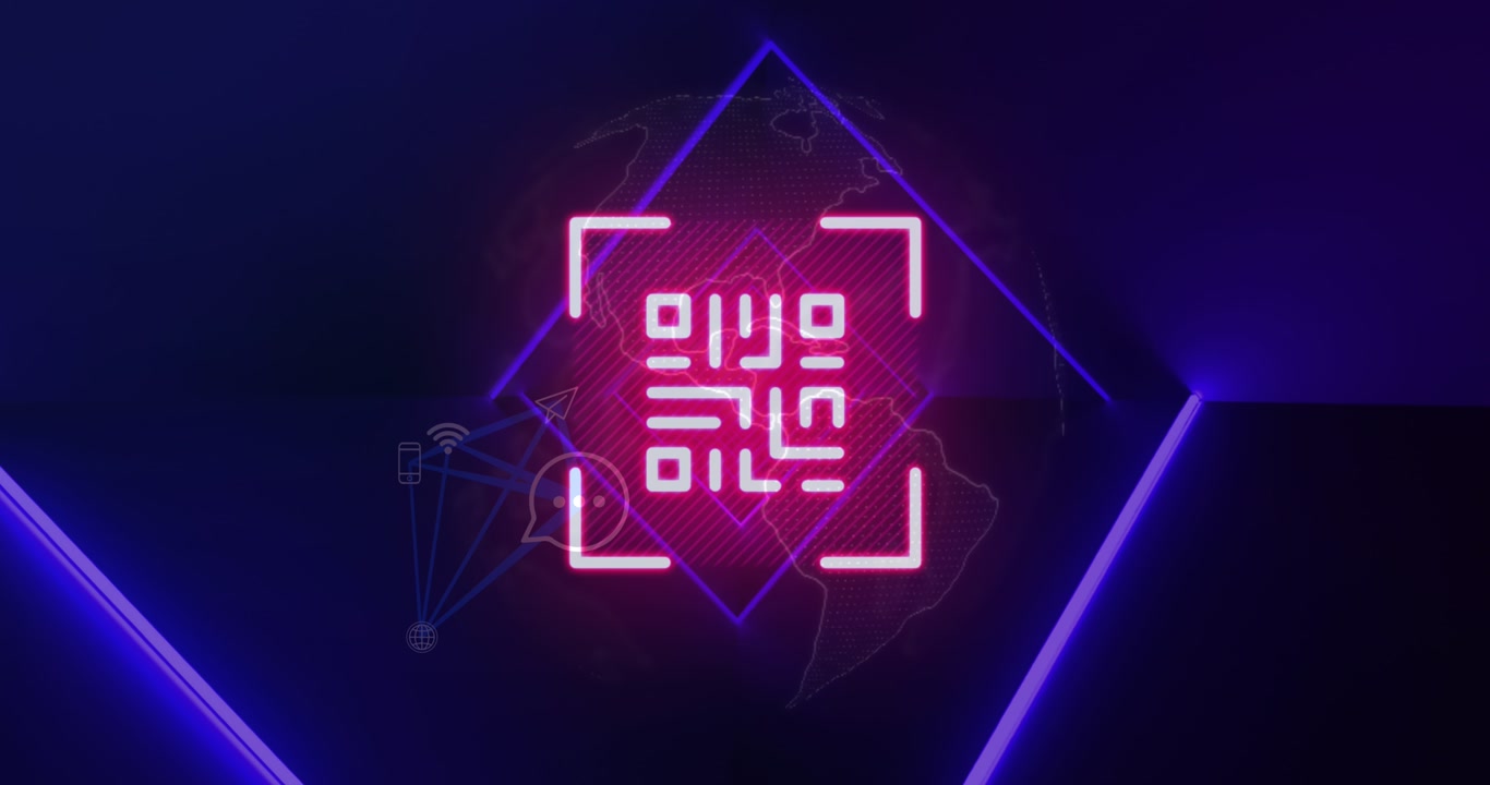 Animation of pink neon qr code, blue neon lights and connected media icons on black background