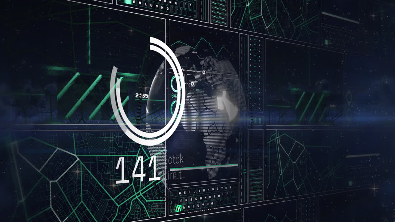 animación del escáner verde sobre la interfaz con procesamiento de datos y globo giratorio sobre fondo azul