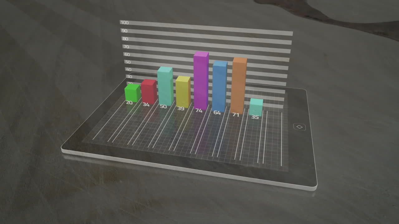 Displaying colorful 3D bar graph, tablet on dark reflective surface
