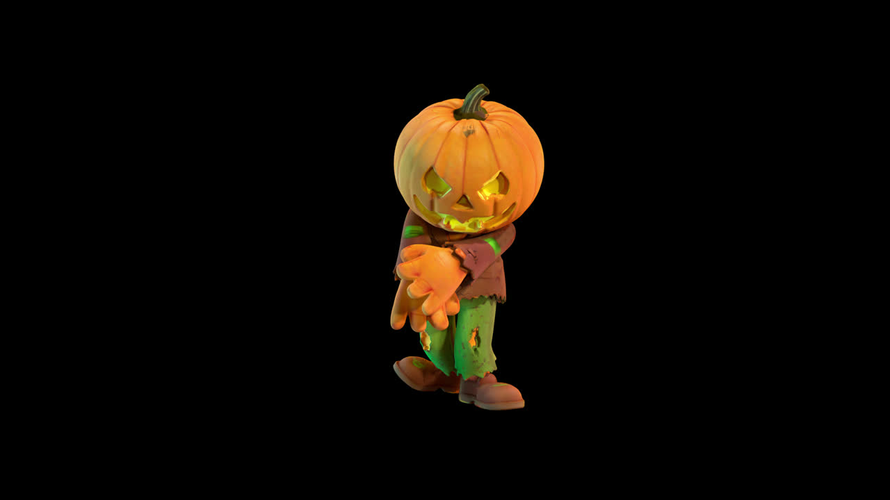 Personaggio zombie animato con testa di zucca che cammina